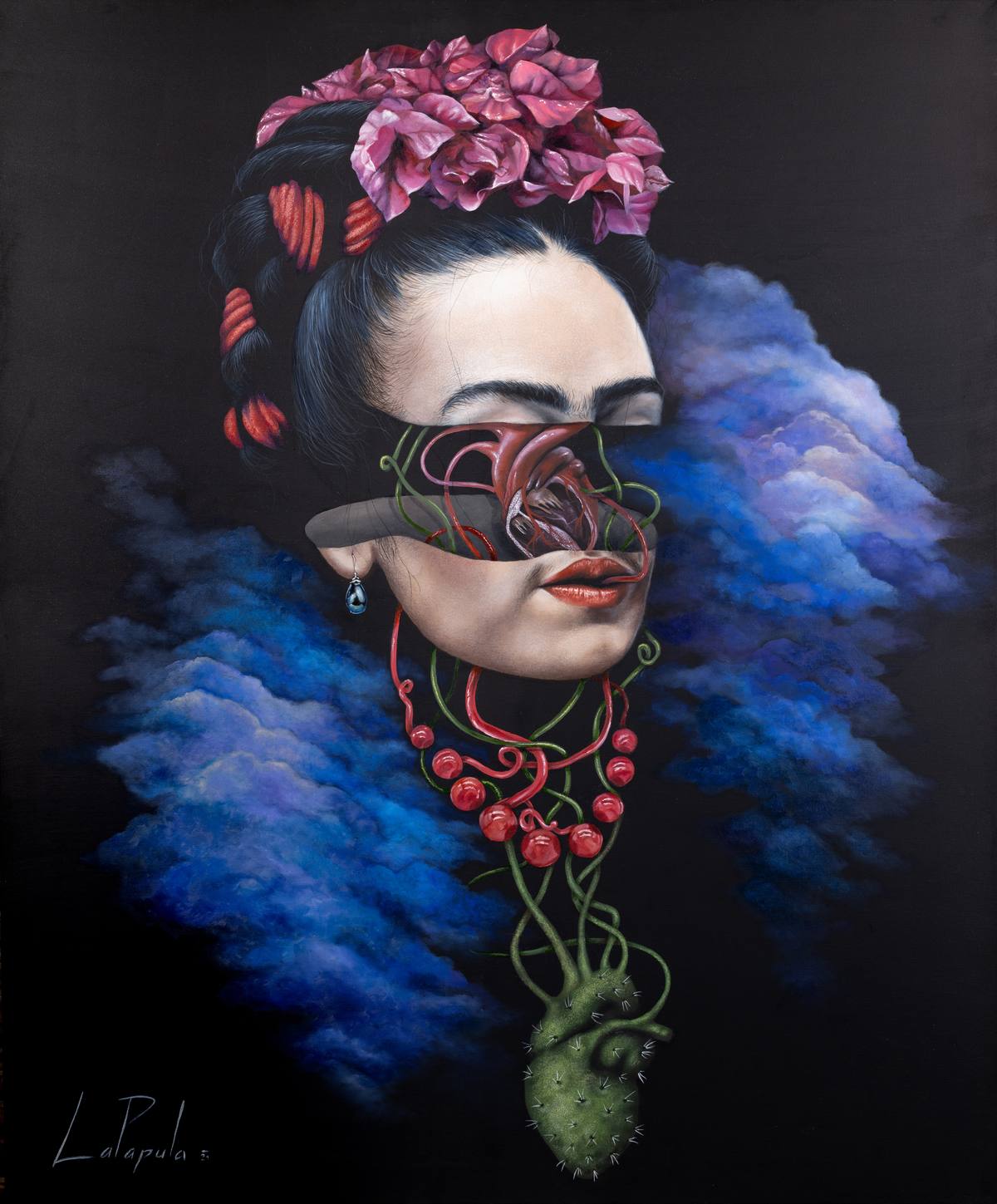 Surreal portrait of a woman with pink flowers in her hair. A heart wrapped in green vines shows where her eyes and nose would be, with blue clouds on a dark background and a cactus heart growing below.
